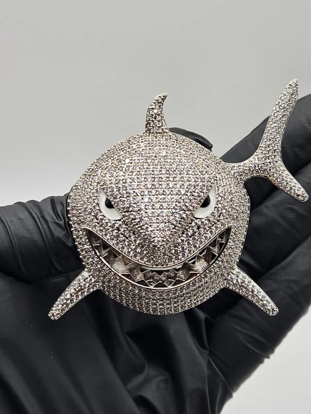Iced Out Shark Pendant Silver Filled Large 17mm Bail Hip Hop Style
